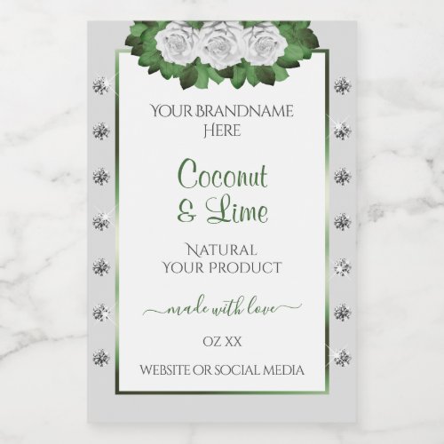 Light Gray Product Labels Green White Roses Jewels