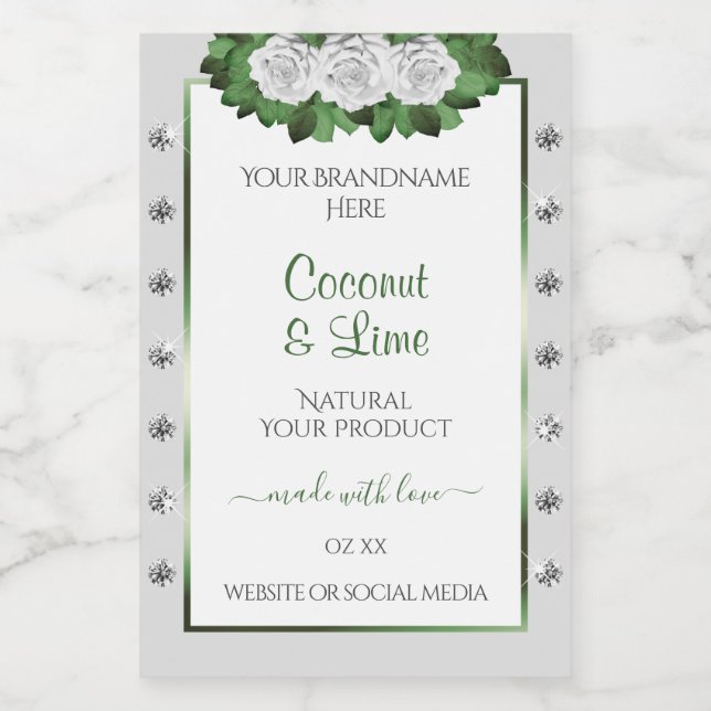 Light Gray Product Labels Green White Roses Jewels (Single Label)