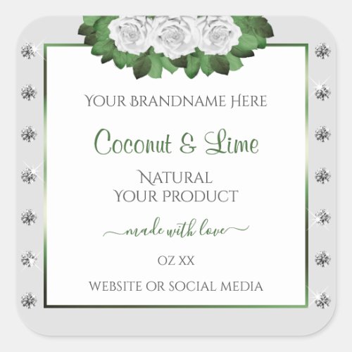 Light Gray Product Labels Green White Roses Jewels