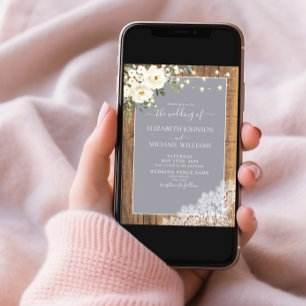 Light Gray Rustic Wood Script Lace Photo Wedding Invitation
