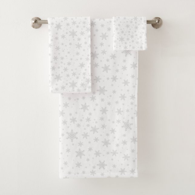 Light Gray Snowflakes on White Bath Towel Set (Insitu)