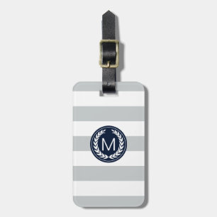 Light Gray Stripe with Navy Laurel Wreath Monogram Luggage Tag