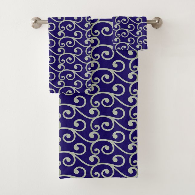 Light Gray Swirl Vector Pattern on Navy Blue Bath Towel Set (Insitu)