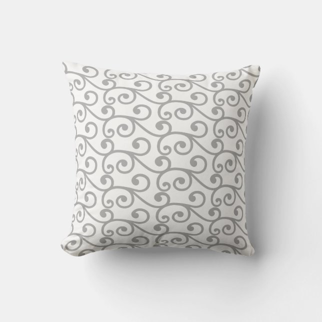 Light Gray Swirl Vector Pattern on White Throw Pillow (Front)