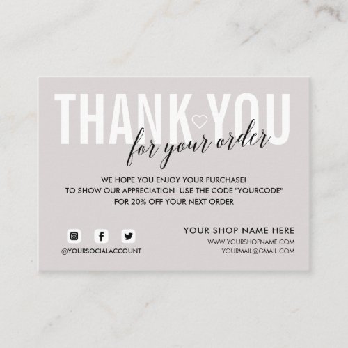 LIGHT GRAY THANK YOU FOR YOUR ORDER SOCIAL ENCLOSURE CARD