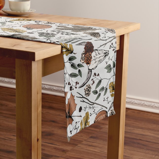 Light Gray Thanksgiving Cow Skull Fall Harvest Long Table Runner (In Situ)