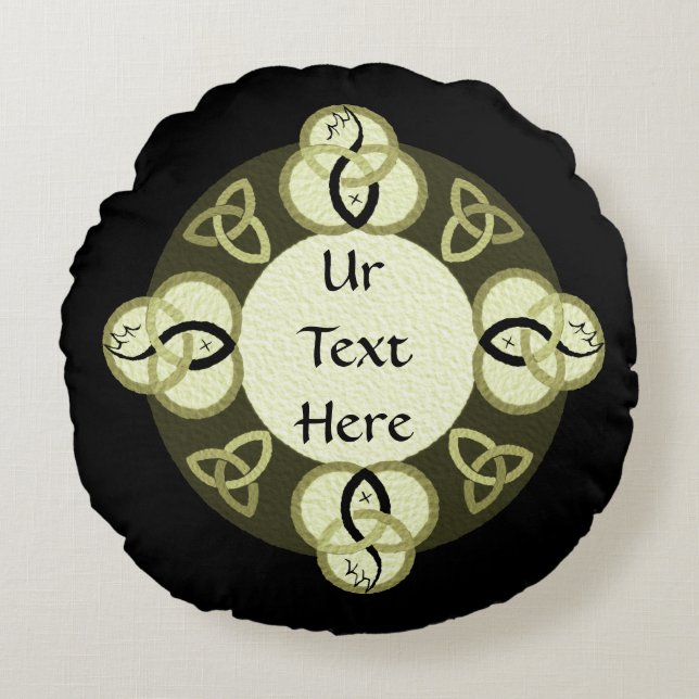 Light Gray Trinity and Black Fish Monogram Round Pillow (Front)
