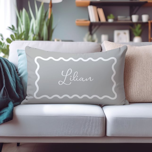 Light Gray Wavy Scallop Frame Monogram Lumbar Pillow (Creator Uploaded)