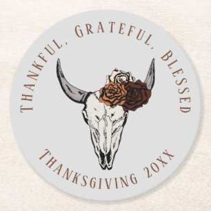 Light Gray Western Cow Skull Thanksgiving Paper Round Paper Coaster