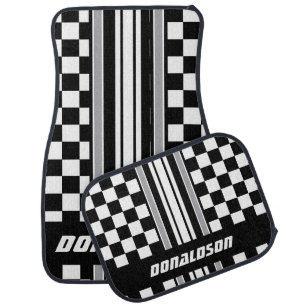 Light Gray, White & Black Checks Personalize Car Floor Mat