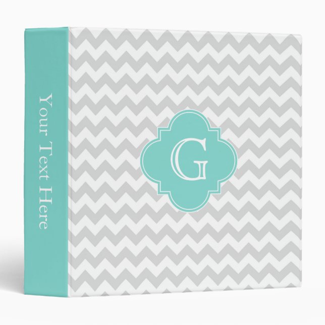 Light Gray White Chevron Aqua Quatrefoil Monogram Binder (Front/Spine)