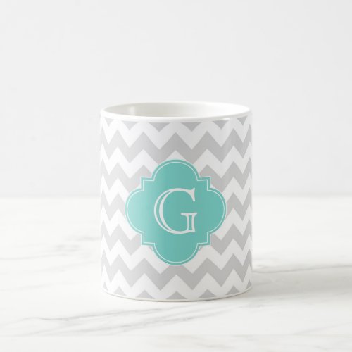 Light Gray White Chevron Aqua Quatrefoil Monogram Coffee Mug