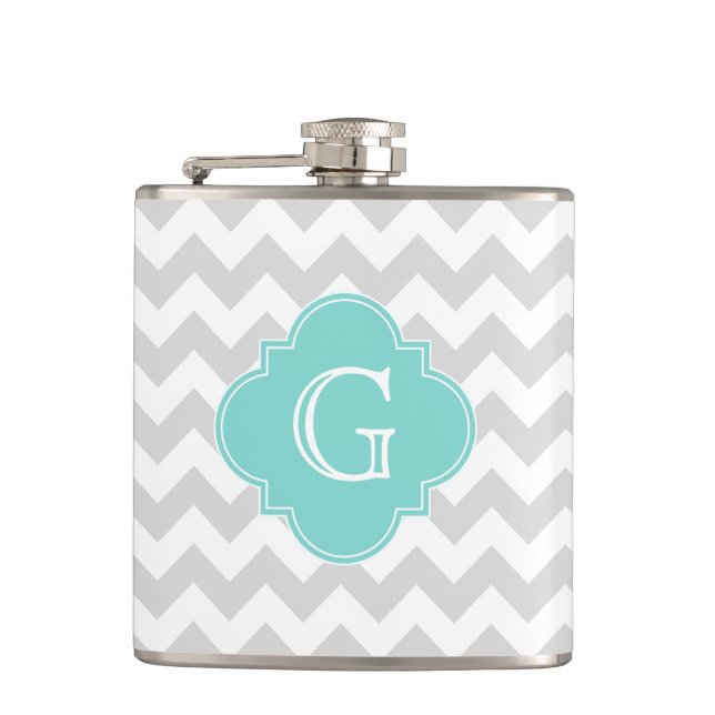 Light Gray White Chevron Aqua Quatrefoil Monogram Flask (Front)