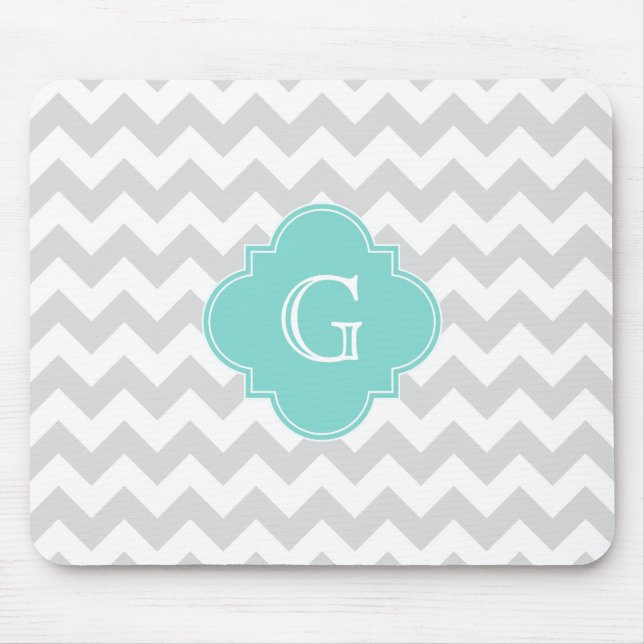 Light Gray White Chevron Aqua Quatrefoil Monogram Mouse Pad (Front)