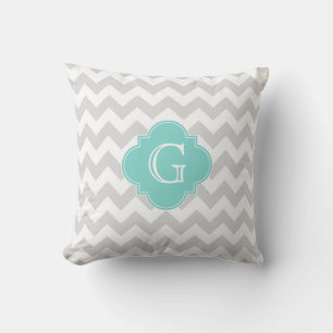 Light Gray White Chevron Aqua Quatrefoil Monogram Throw Pillow