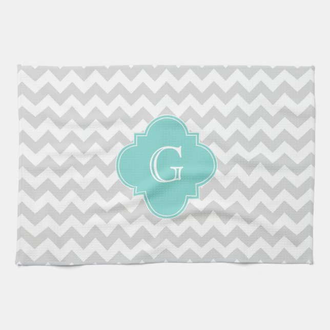 Light Gray White Chevron Aqua Quatrefoil Monogram Towel (Horizontal)