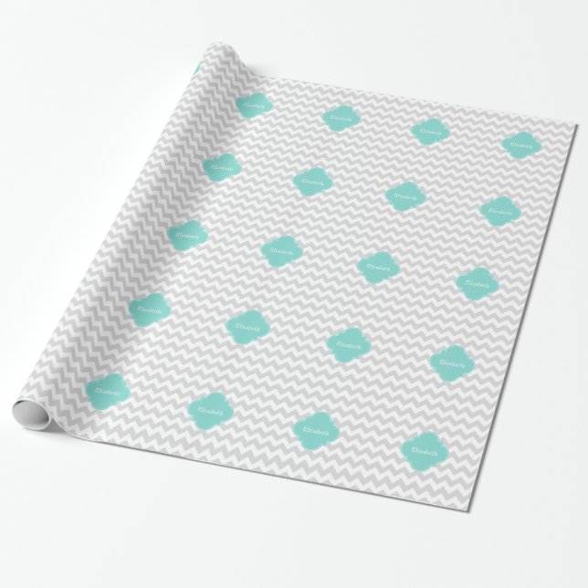 Light Gray White Chevron Aqua Quatrefoil Monogram Wrapping Paper (Unrolled)