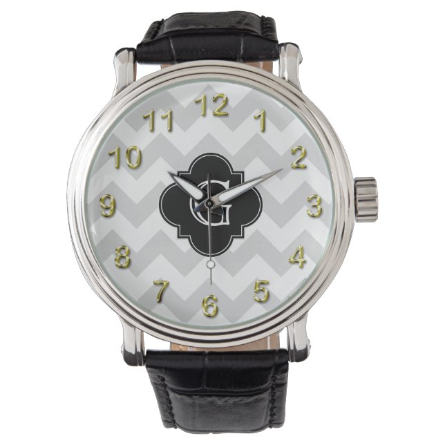 Light Gray White Chevron Black Quatrefoil Monogram Watch (Front)