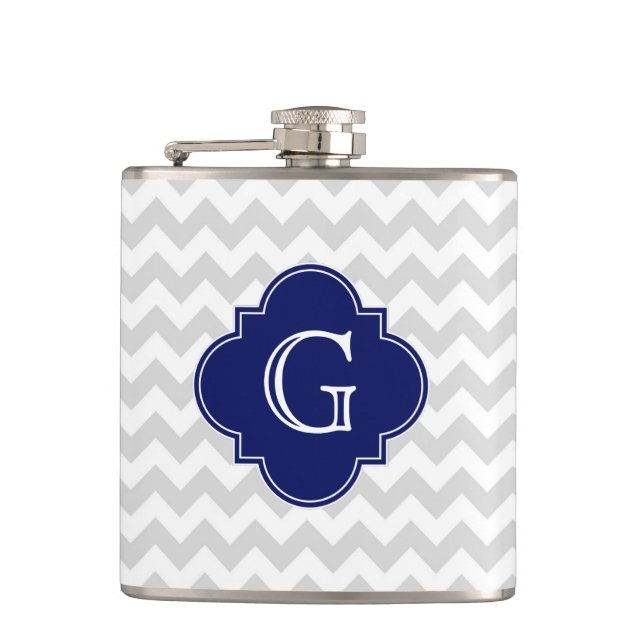 Light Gray White Chevron Navy Quatrefoil Monogram Flask (Front)