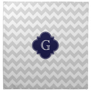 Light Gray White Chevron Navy Quatrefoil Monogram Napkin