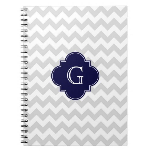 Light Gray White Chevron Navy Quatrefoil Monogram Notebook