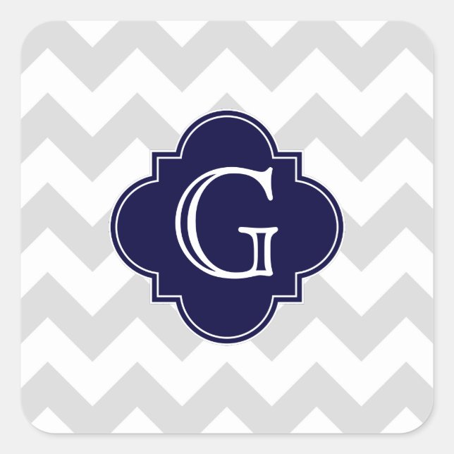 Light Gray White Chevron Navy Quatrefoil Monogram Square Sticker (Front)