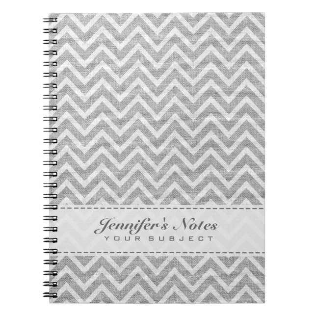 Light Gray & White Chevron Pattern Linen Look Notebook (Front)