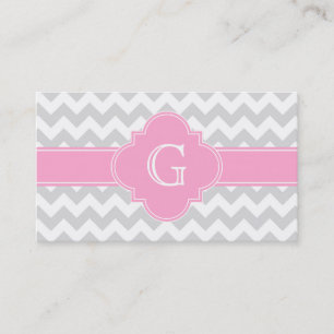Light Gray White Chevron Pink Quatrefoil Monogram Business Card