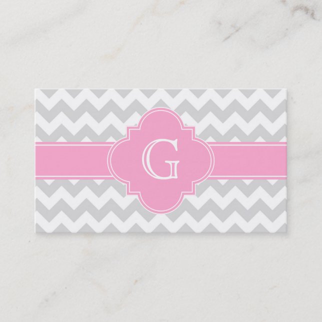 Light Gray White Chevron Pink Quatrefoil Monogram Business Card (Front)