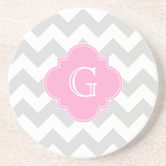 Light Gray White Chevron Pink Quatrefoil Monogram Drink Coaster (Front)