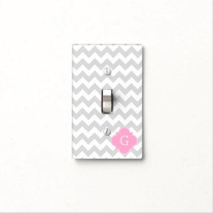 Light Gray White Chevron Pink Quatrefoil Monogram Light Switch Cover