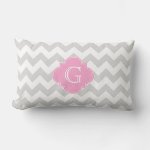 Light Gray White Chevron Pink Quatrefoil Monogram Lumbar Pillow