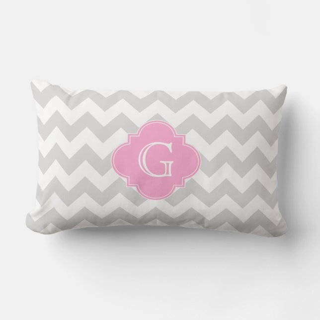 Light Gray White Chevron Pink Quatrefoil Monogram Lumbar Pillow (Front)