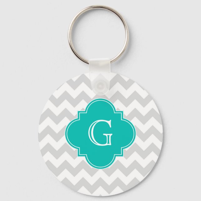 Light Gray White Chevron Teal Quatrefoil Monogram Keychain (Front)