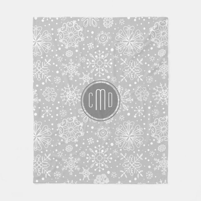 Light Gray & White Christmas Snowflakes Fleece Blanket (Front)