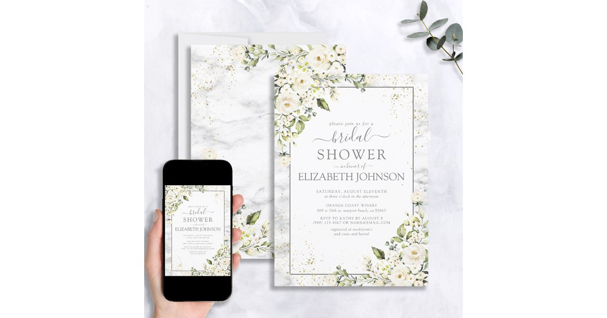Light Gray White Floral Gold Marble Bridal Shower Invitation | Zazzle