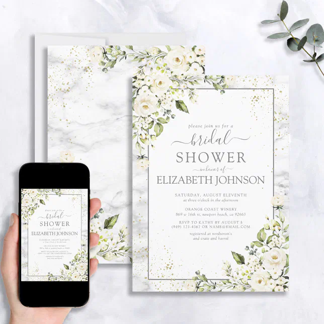Light Gray White Floral Gold Marble Bridal Shower Invitation | Zazzle