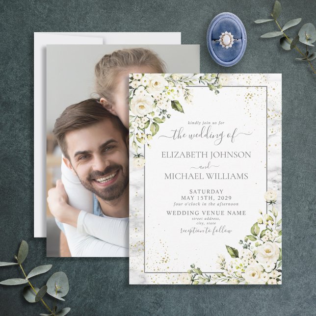 Light Gray White Floral Gold Marble Photo Wedding Invitation (Creator Uploaded)