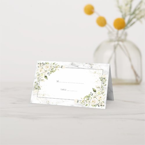 Light Gray White Floral Gold Marble Place Card