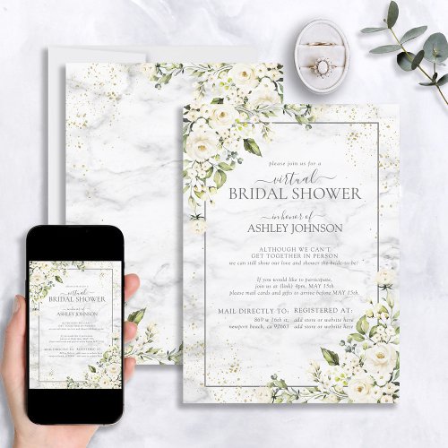 Light Gray White Floral Gold Marble Virtual Shower Invitation