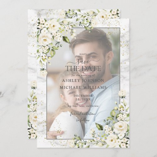 Light Gray White Floral Gold Photo Save the Date