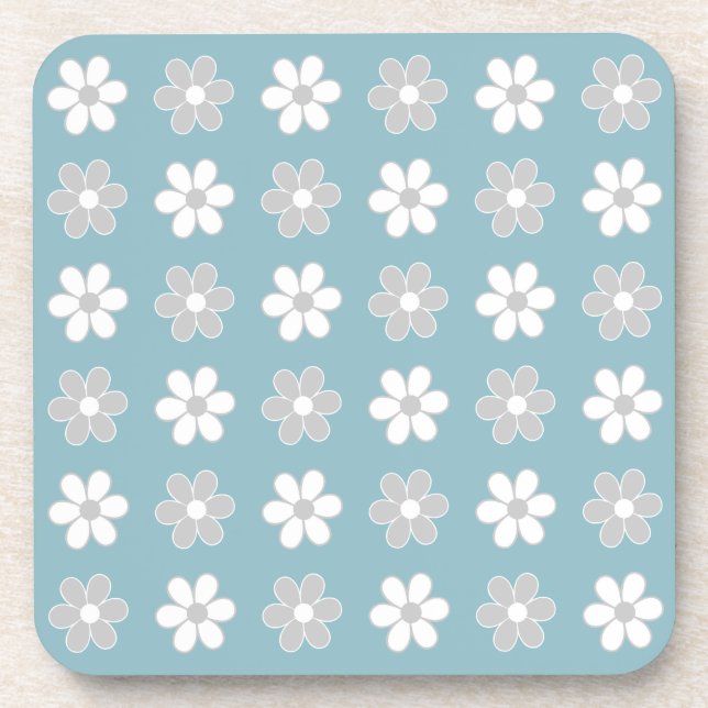 Light Gray & White Flowers on Teal Beverage Coaster (Front)