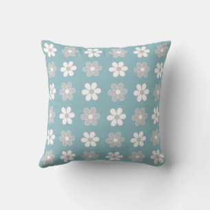 Light Gray & White Flowers on Teal Throw Pillow