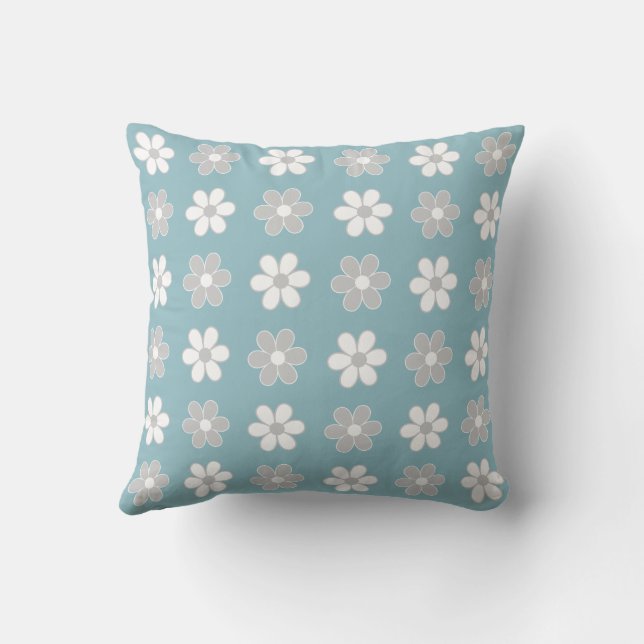Light Gray & White Flowers on Teal Throw Pillow (Back)