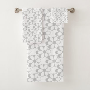 Light Gray & White Flowers on White Bath Towel Set