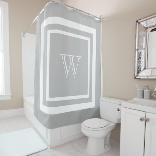 Light Gray White Framed Monogram Shower Curtain