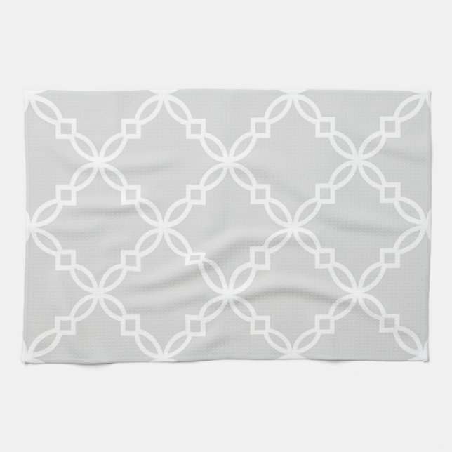 Light Gray White Large Fancy Quatrefoil Pattern Kitchen Towel (Horizontal)