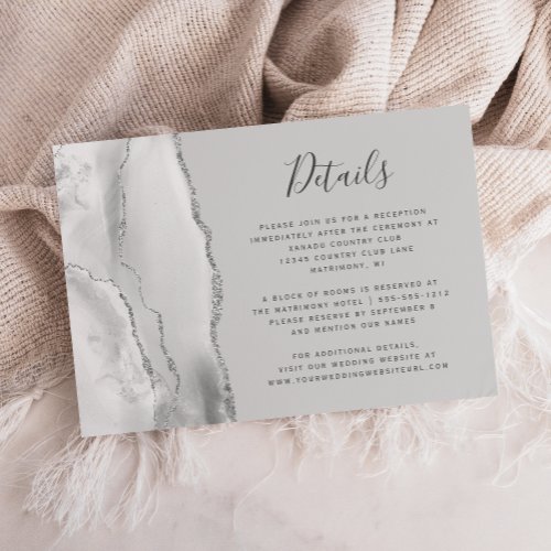 Light Gray White Silver Agate Wedding Details Enclosure Card