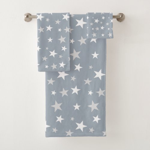 Light Gray  White Stars on Light Silver Gray Bath Towel Set