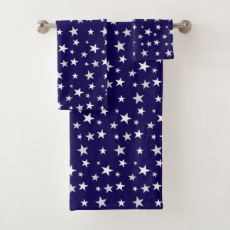 Light Gray & White Stars on Navy Blue Bath Towel Set